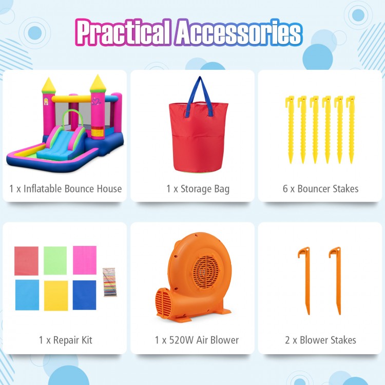 Inflatable bounce house with slide and ball pit, made of durable 420D+500D oxford fabric, includes 520W blower.