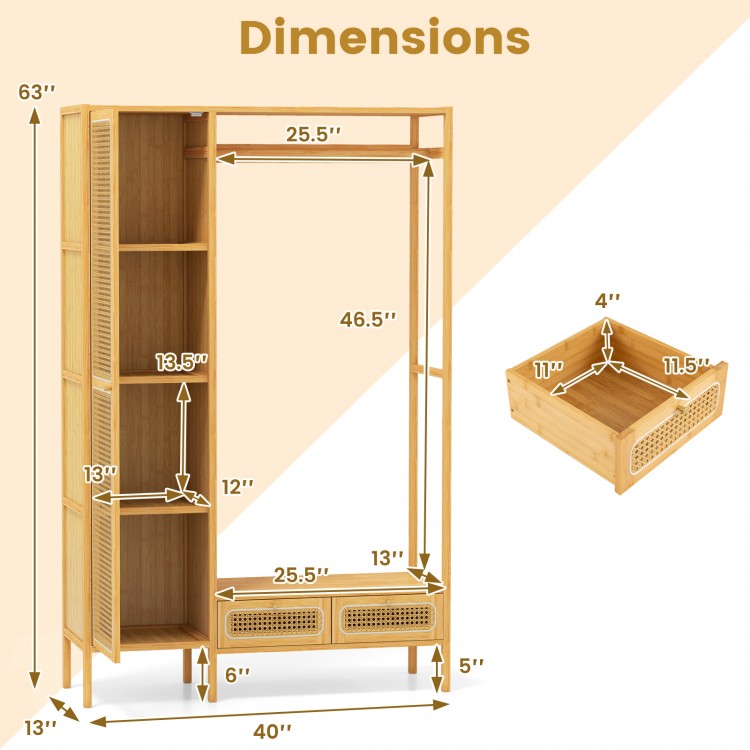 Bamboo clothing rack with cabinet, drawers, and hanging rod, featuring dimensions and ample storage for organization.