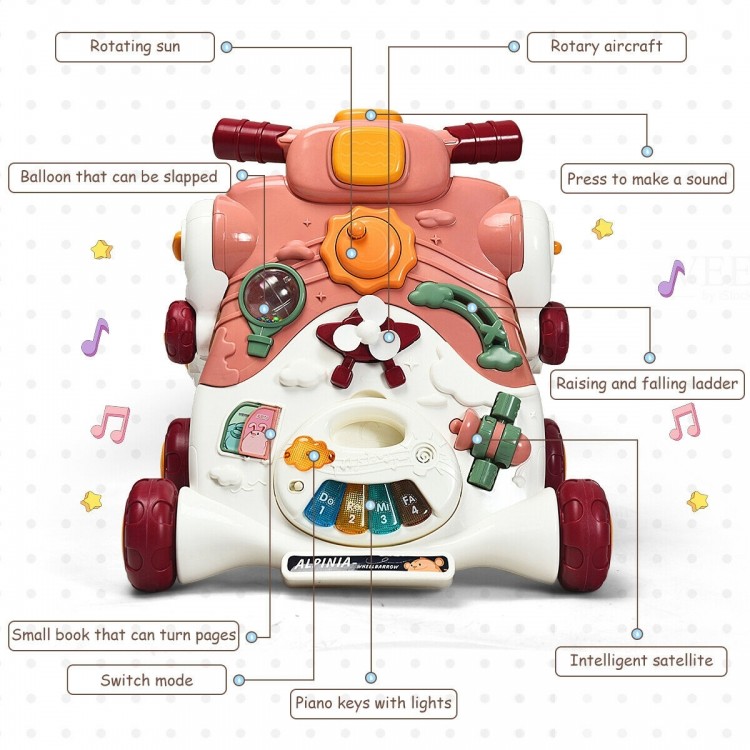 Multifunctional activity panel of the pink 3-in-1 baby sit-to-stand walker, featuring toys, piano keys, and engaging.