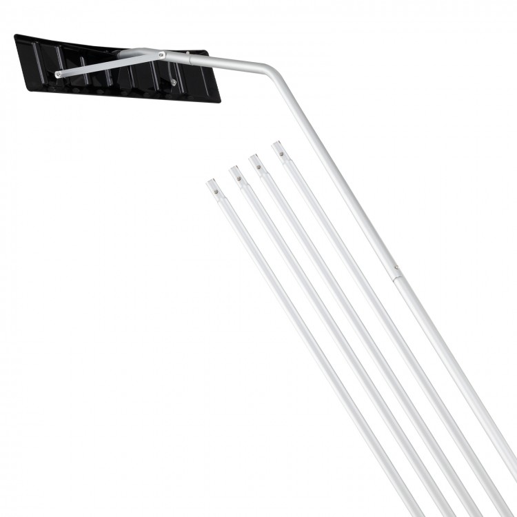 Extendable aluminum snow removal tool with angled head and wide blade, ideal for clearing snow from roofs.