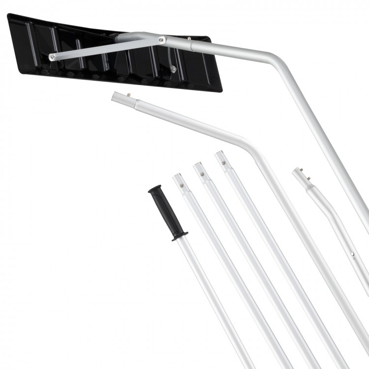 Extendable aluminum snow removal tool with 6-section poles and wide blade, ideal for reaching roofs and tight corners.