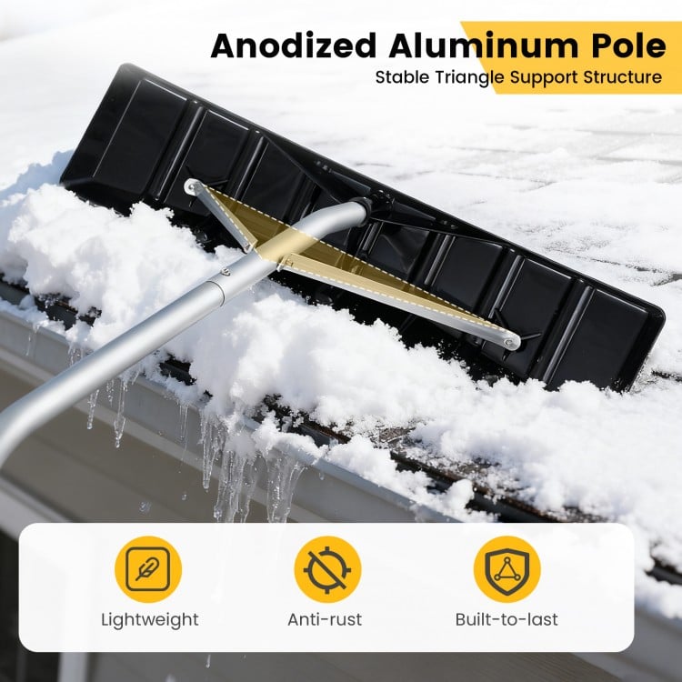 Extendable aluminum snow removal tool with wide blade and angled head, ideal for clearing snow from roofs.