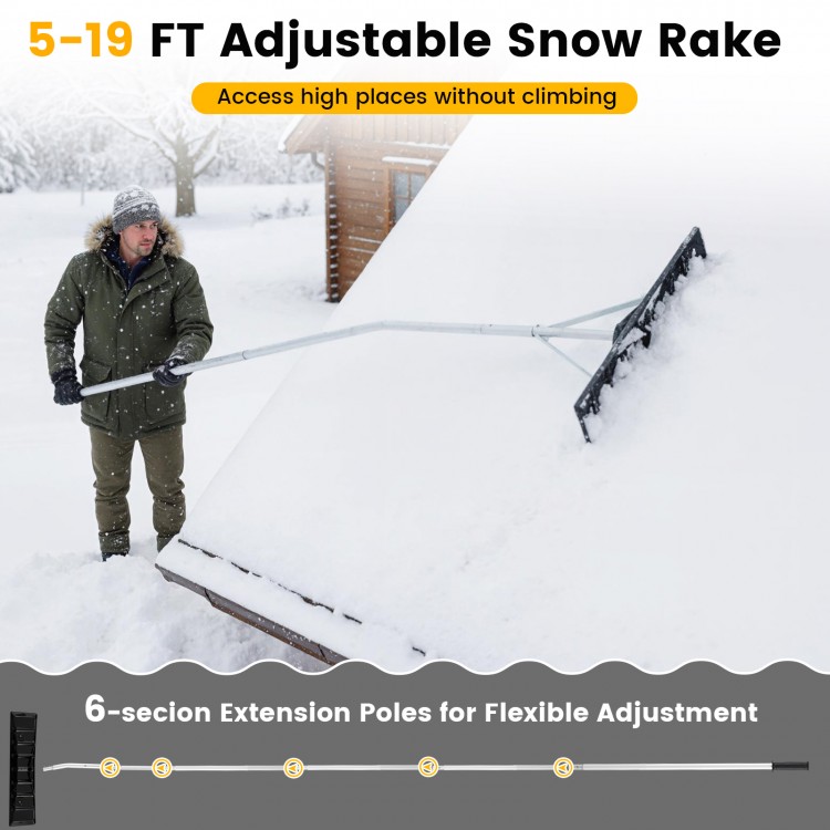Adjustable 5-19 feet aluminum snow rake with 6-section poles, ideal for removing snow from roofs without climbing.