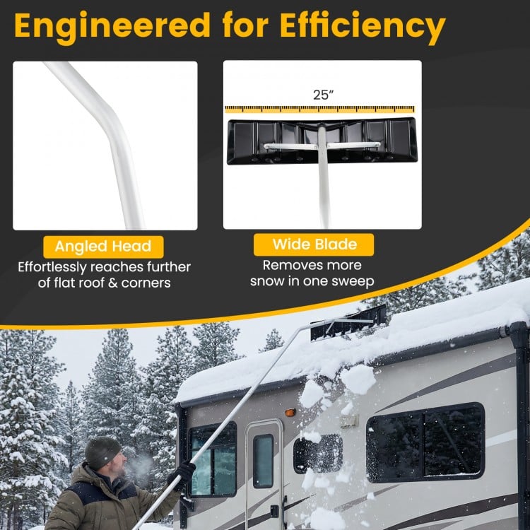 Extendable aluminum snow removal tool with angled head and wide blade, ideal for clearing snow from roofs and corners.