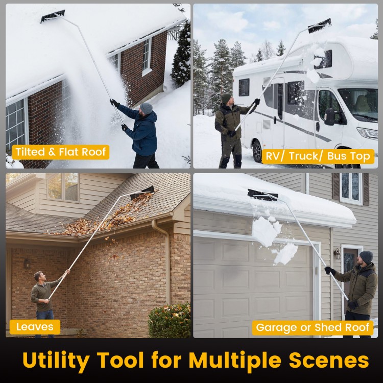 Extendable aluminum snow removal tool with wide blade, ideal for flat roofs and tight corners, perfect for winter.
