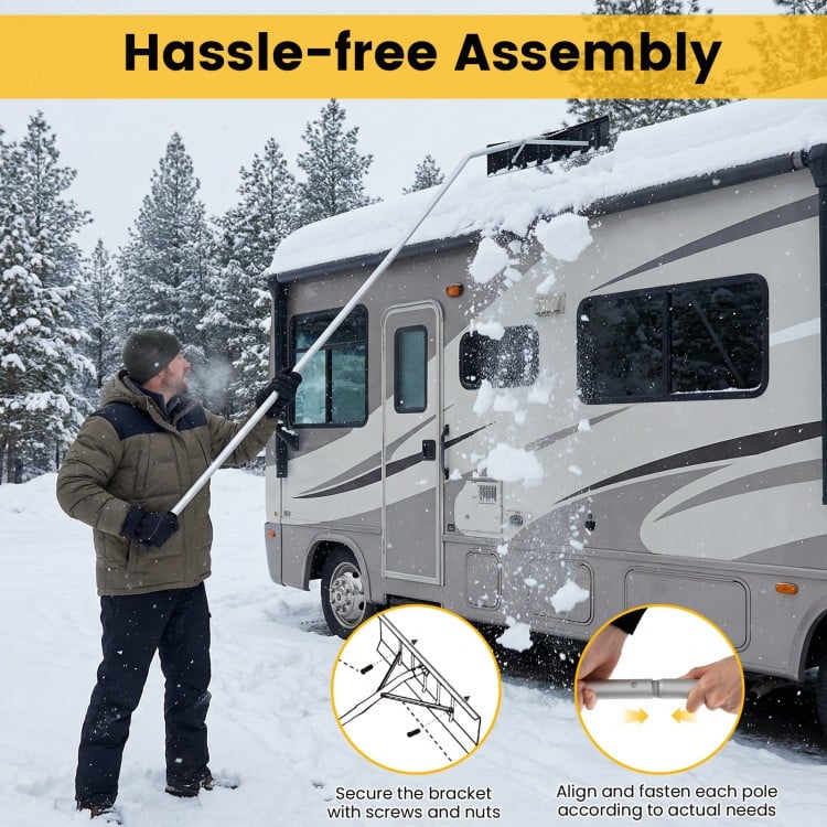 Extendable aluminum snow removal tool with angled head, 6-section poles, ideal for clearing roofs in winter conditions.