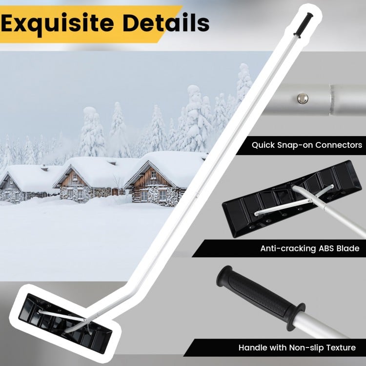 Extendable aluminum snow removal tool with anti-cracking ABS blade and non-slip handle, ideal for roof snow clearing.