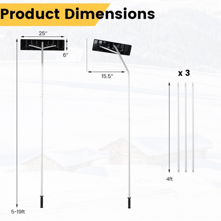 Product dimensions of the 5-19 feet extendable aluminum snow removal tool with 6-section tubes for flexible adjustment.