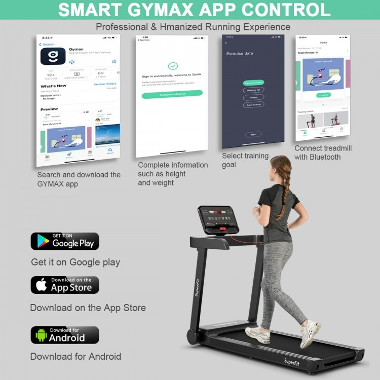 Electric treadmill with app control, 2.25 HP motor, 38"x16" anti-skid running belt, ideal for home use.
