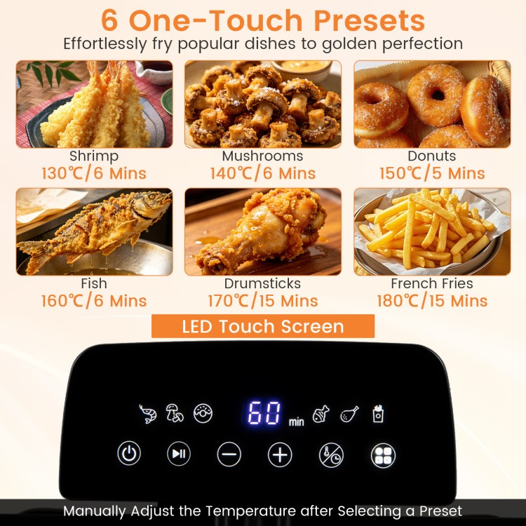The 5.3-Qt electric deep fryer features an LED touch screen and six presets for effortless cooking of popular dishes.