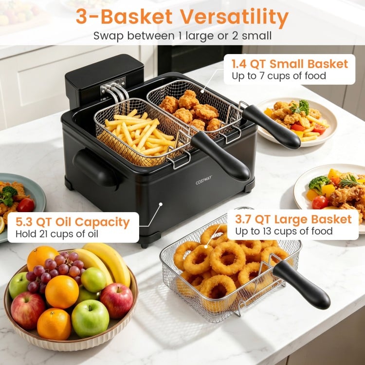 Electric deep fryer with 3 baskets, 5.3 QT capacity, and LED touch screen for versatile cooking and easy meal prep.