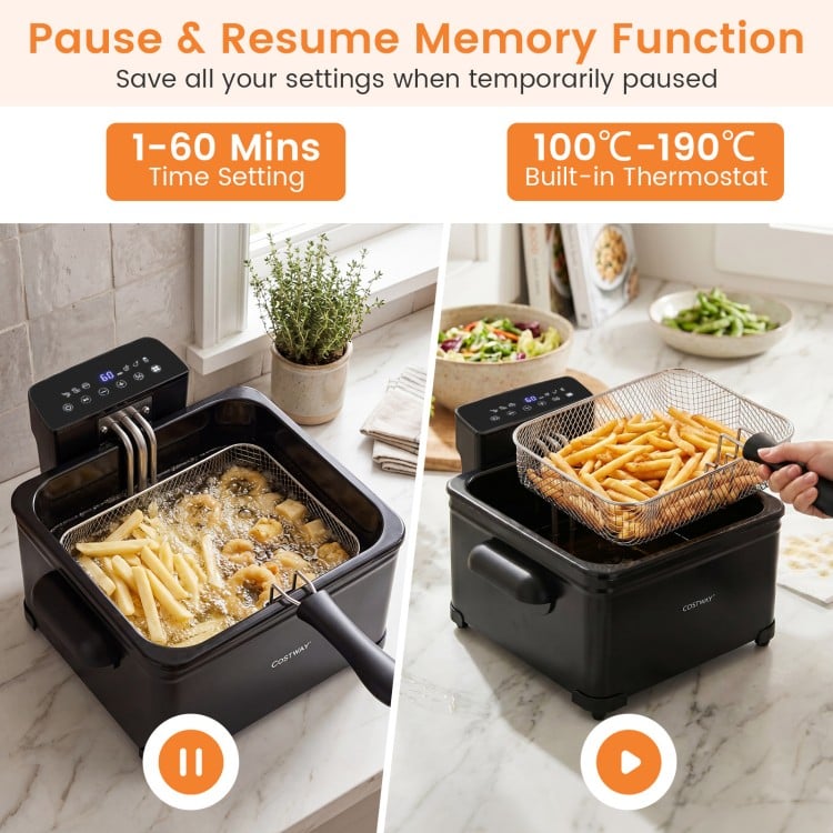 Electric deep fryer with 3 baskets, 1700W power, LED touch screen, and pause function for versatile cooking.