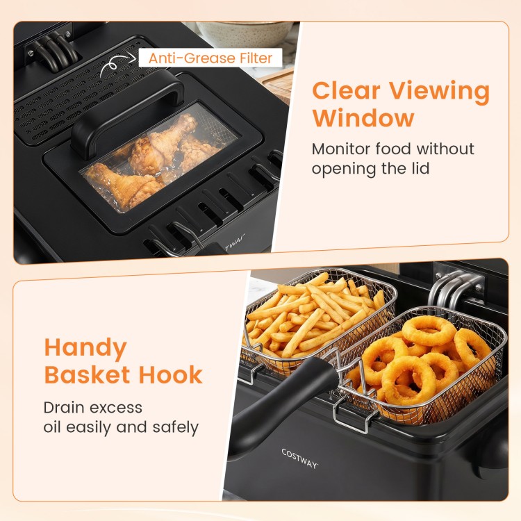 Electric deep fryer with a clear viewing window, anti-grease filter, and three baskets for versatile cooking options.
