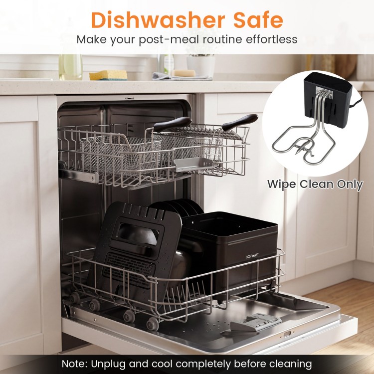5.3-Qt electric deep fryer with three baskets, LED touch screen, and dishwasher-safe components for easy cleaning.