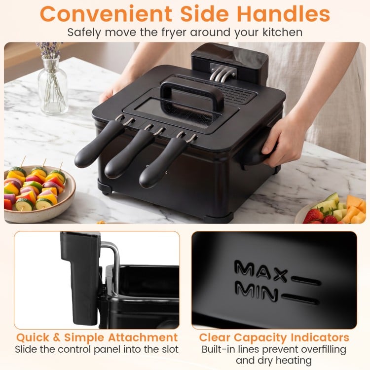 5.3-Qt electric deep fryer with three baskets features convenient side handles for easy mobility in the kitchen.