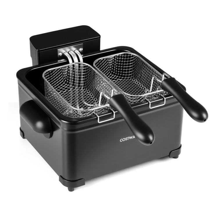 Electric deep fryer with three baskets, 5.3-Qt capacity, LED touch screen, and six presets for versatile cooking.