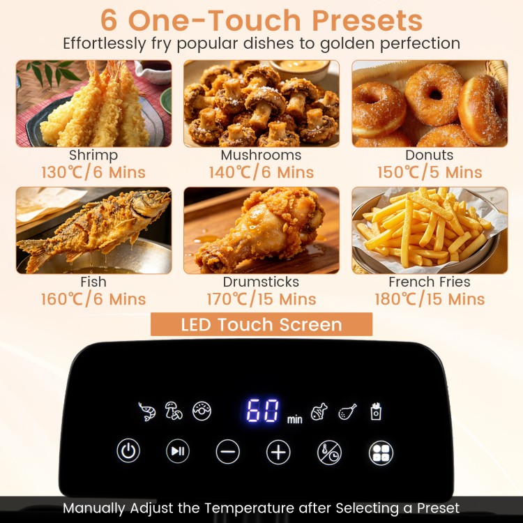 5.3-Qt electric deep fryer with LED touch screen, 1700W power, and 6 presets for effortless cooking of popular dishes.
