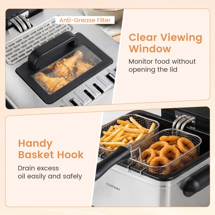 Clear viewing window and handy basket hook on the 5.3-Qt electric deep fryer for safe, easy cooking and oil drainage.