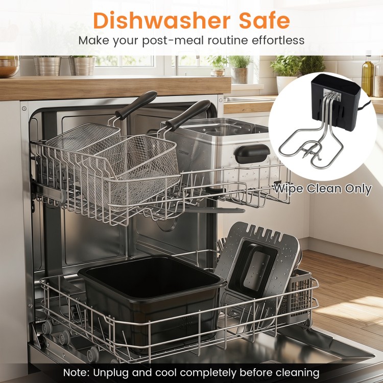 Electric deep fryer with 3 baskets, 5.3 QT capacity, LED touch screen, and dishwasher-safe components for easy cleaning.