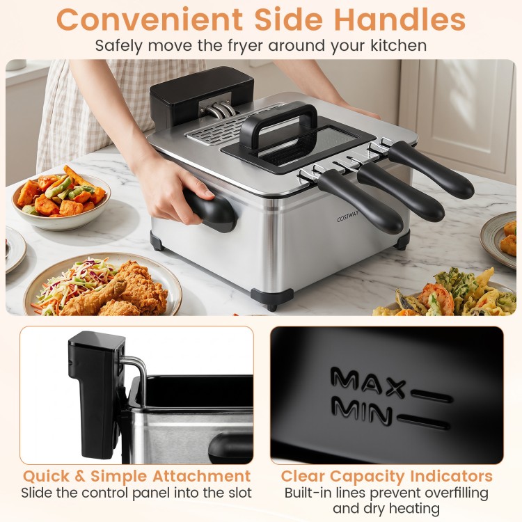Electric deep fryer with three baskets, 5.3-Qt capacity, LED touch screen, and convenient side handles for easy mobility.
