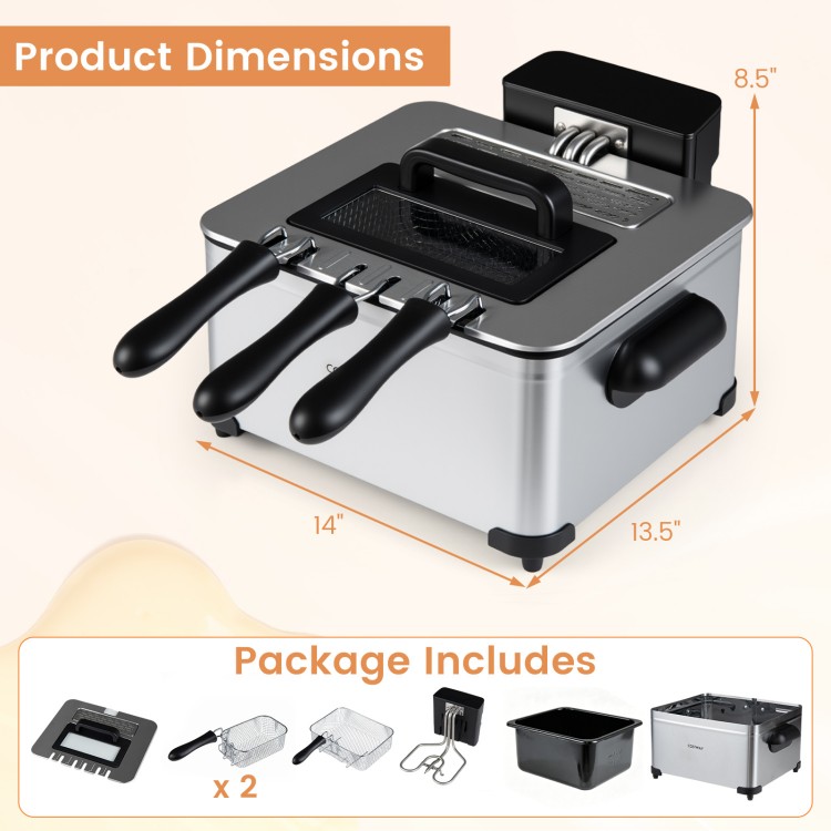 5.3-Qt electric deep fryer in silver features three baskets, LED touch screen, and 1700W for perfect frying results.