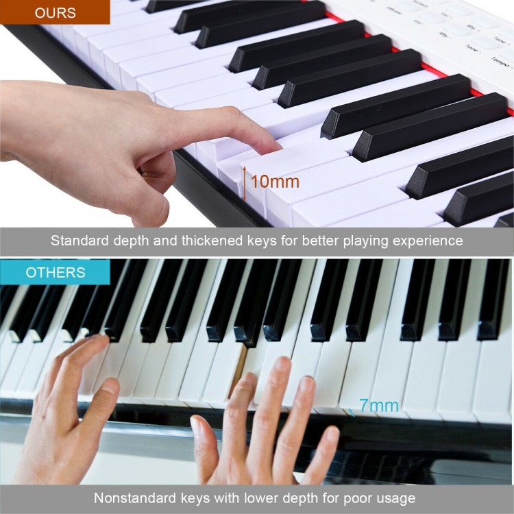 Close-up of BX-II digital piano keys showing standard depth of 10mm for better playing experience and touch sensitivity.