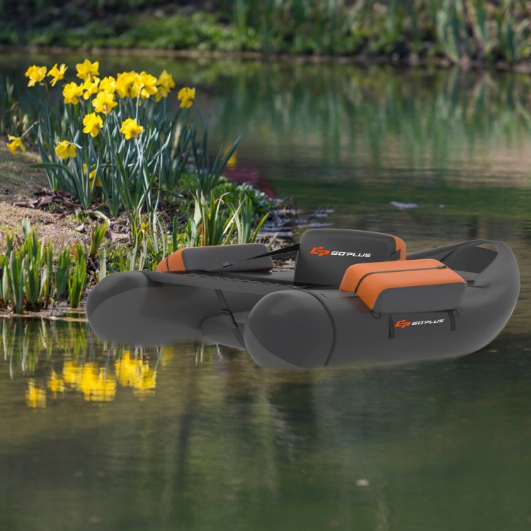 Inflatable fishing float tube in gray with storage pockets, fish ruler, and adjustable straps for stability on water.