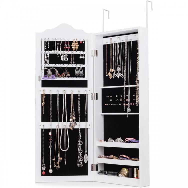 Wall-mounted jewelry armoire with full-size mirror, 23 hooks, and 72 ring slots for organized storage and stylish decor.
