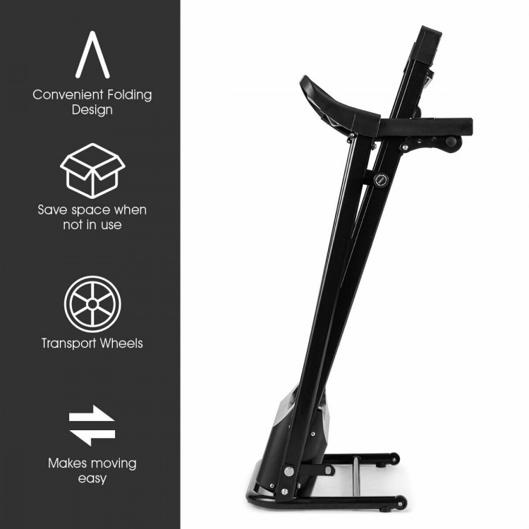 Foldable treadmill with transport wheels, LCD screen, and adjustable speed for convenient indoor exercise.