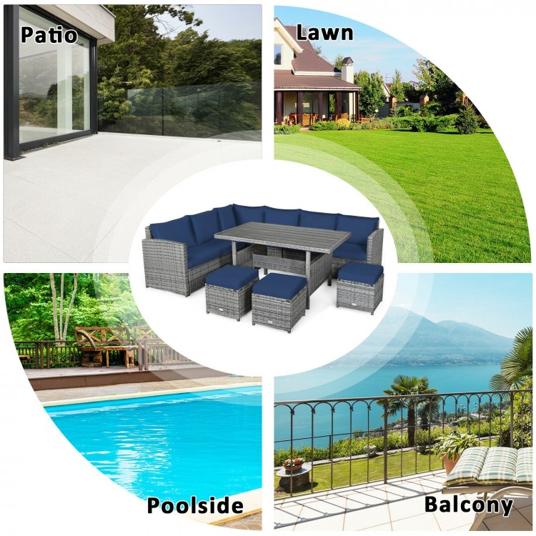 7-piece patio rattan dining furniture set with navy cushions, perfect for outdoor relaxation on the patio or poolside.