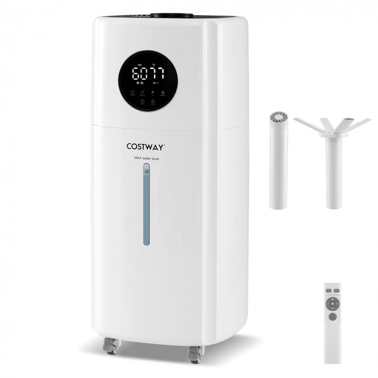 Close-up of the 5.5Gal humidifier's clear water level window and control panel for easy monitoring and operation.