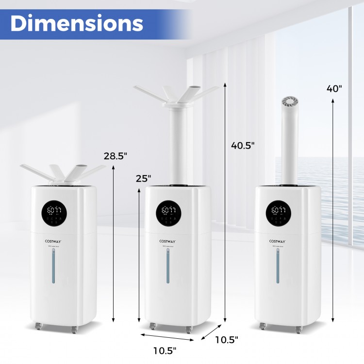 Dimensions of the 5.5Gal humidifier with 360° nozzles, showcasing its large capacity and adjustable features for large.