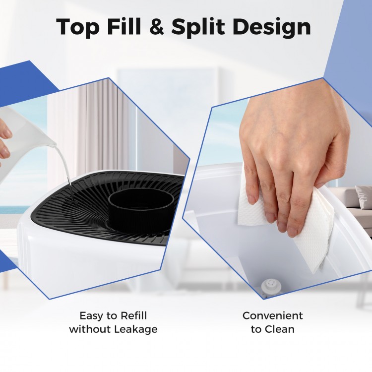 Top fill design of the 5.5Gal humidifier, showcasing easy refill and convenient cleaning features for large rooms.