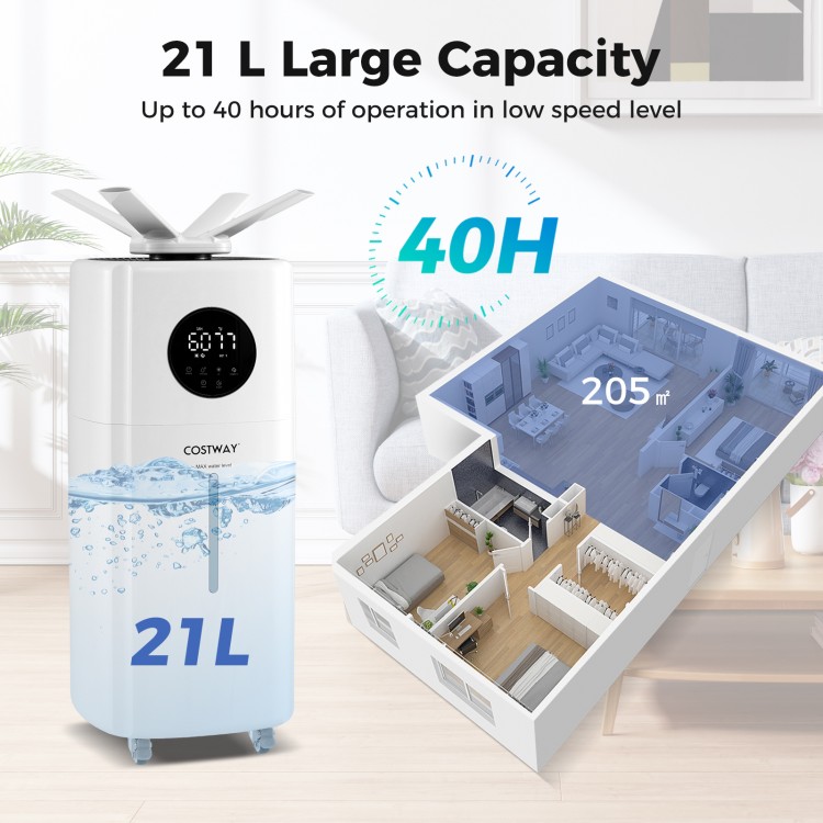 5.5Gal humidifier with 360° nozzles, 21L capacity, and wheels for easy movement in large rooms up to 2000 sq.ft.