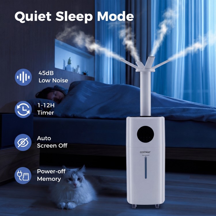 5.5-gallon humidifier with 360° nozzles, low noise operation, and timer for large room comfort and easy mobility.