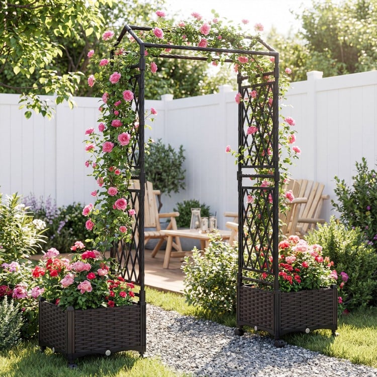 Self-watering planter boxes with lattice trellis and roof in brown, ideal for vibrant plant growth in outdoor gardens.