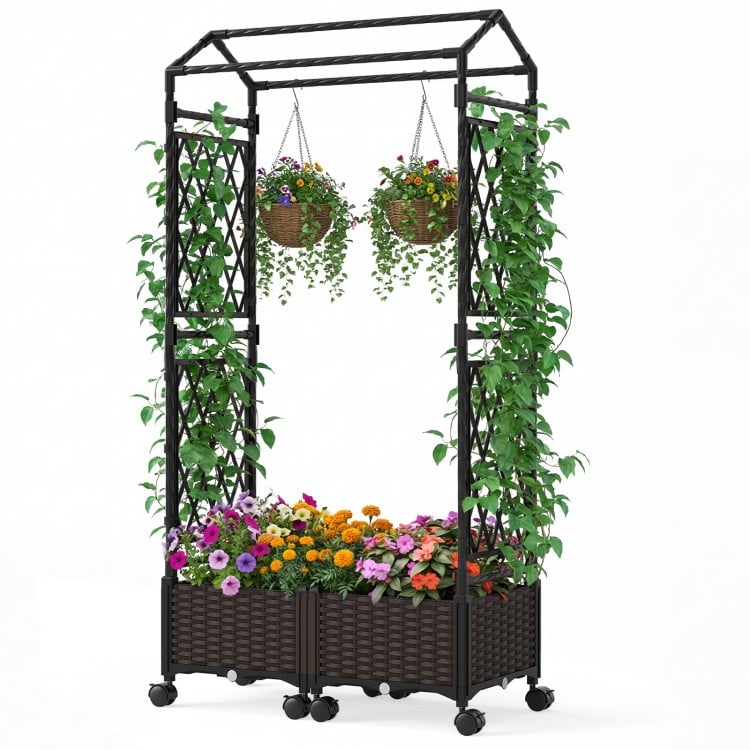 Self-watering planter box with lattice trellis and roof, featuring brown PP rattan panels for vibrant plant growth.