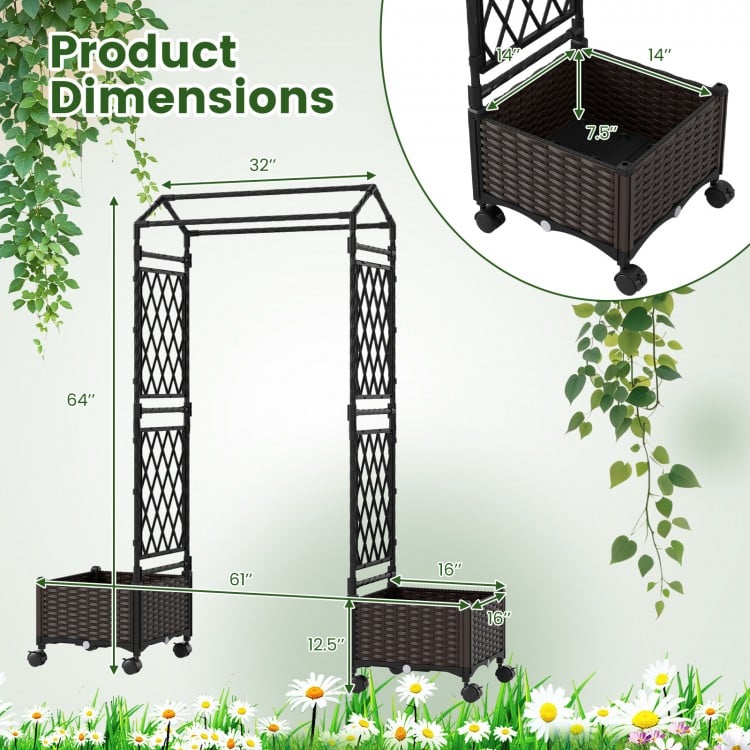 Self-watering planter box with lattice trellis and roof, 5.5 FT tall, brown, ideal for indoor and outdoor gardening.