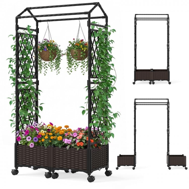 Self-watering planter boxes with lattice trellis and roof, featuring brown PP rattan panels for indoor and outdoor use.