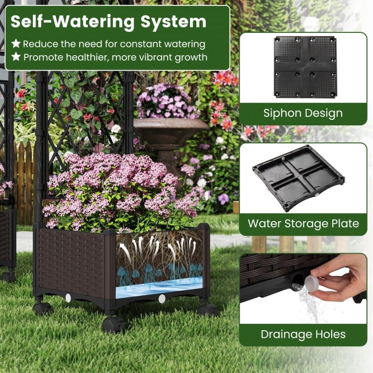 Self-watering planter box with lattice trellis, brown rattan panels, and drainage holes for vibrant plant growth.