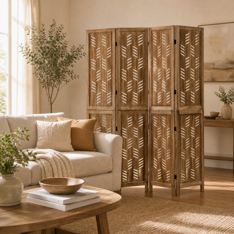 Tall 5.5 FT room divider with wave cutout patterns and paulownia wood frame, ideal for creating privacy in any space.