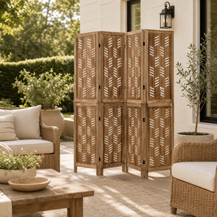 Four-panel 5.5 FT tall room divider in brown paulownia wood features artistic wave cutouts for privacy in any space.