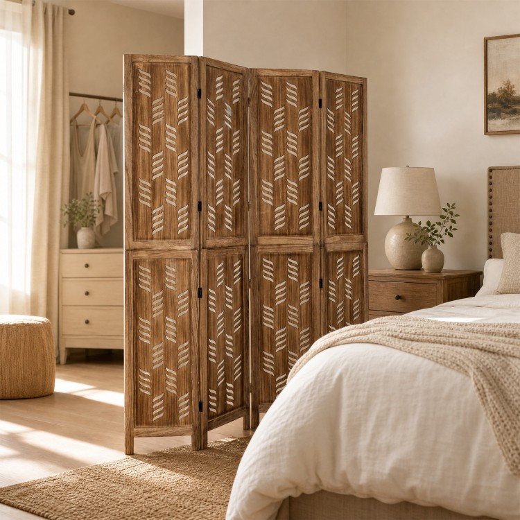 Tall 5.5 FT room divider with wave cutout patterns and a brown paulownia frame, ideal for creating privacy in any space.