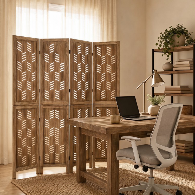 Tall 5.5 FT room divider with wave cutout patterns in a brown paulownia frame, ideal for creating privacy in any space.