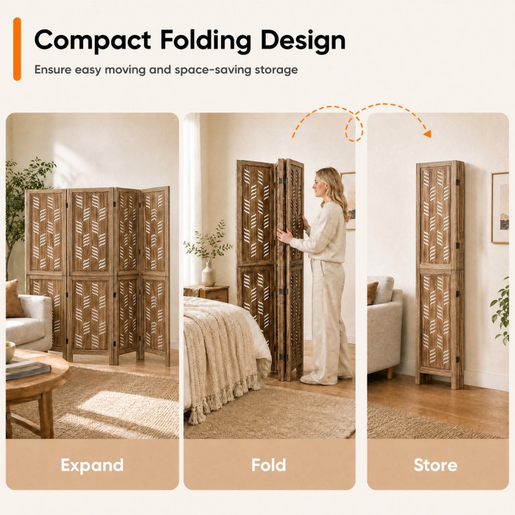 5.5 FT tall room divider with wave cutout and paulownia frame, featuring a compact folding design for easy storage.
