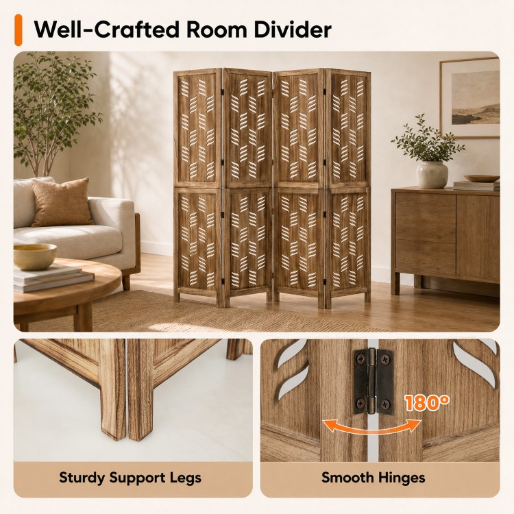 4-panel brown room divider made of paulownia wood features wave cutouts and smooth hinges for versatile privacy solutions.