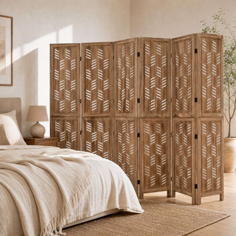 6-panel room divider made of paulownia wood features artistic wave cutouts, ideal for creating privacy in any room.