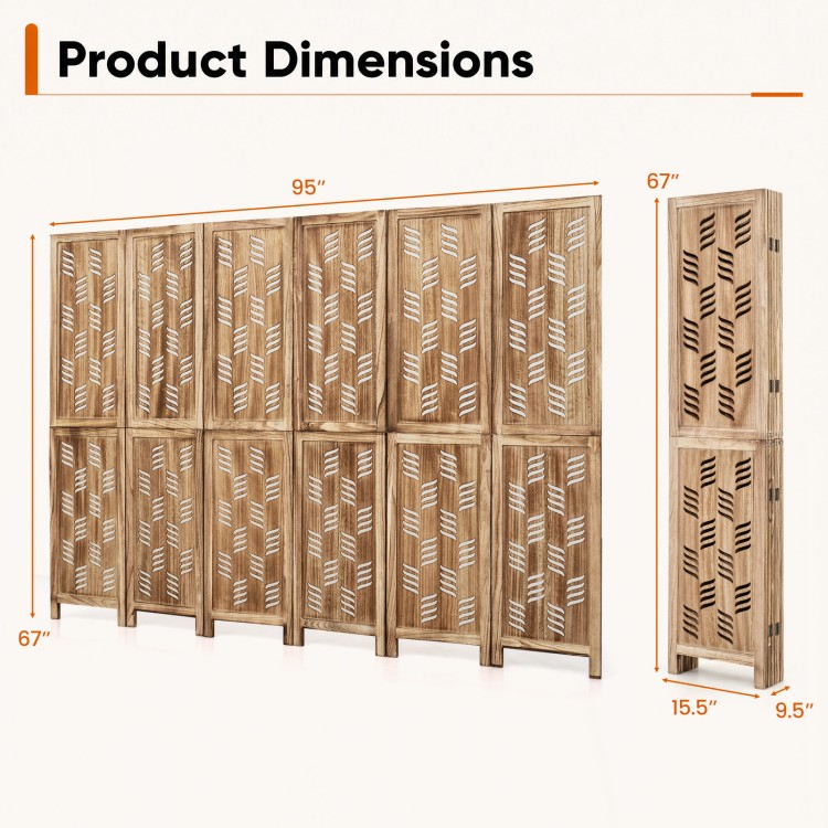6-panel room divider with wave cutout design, made of paulownia wood, ideal for creating privacy in various spaces.