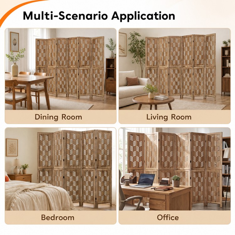 6-panel room divider made of paulownia wood with wave cutout design, ideal for privacy in dining, living, bedroom, or office.