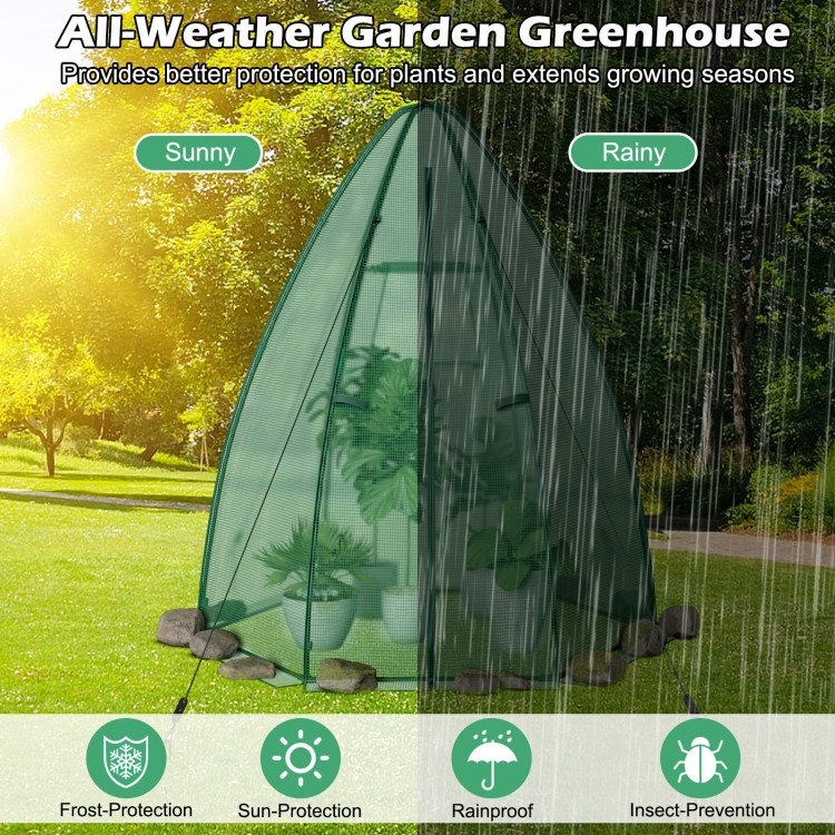 Portable mini greenhouse with all-weather PE cover, featuring frost, sun, and rain protection for plant stability.